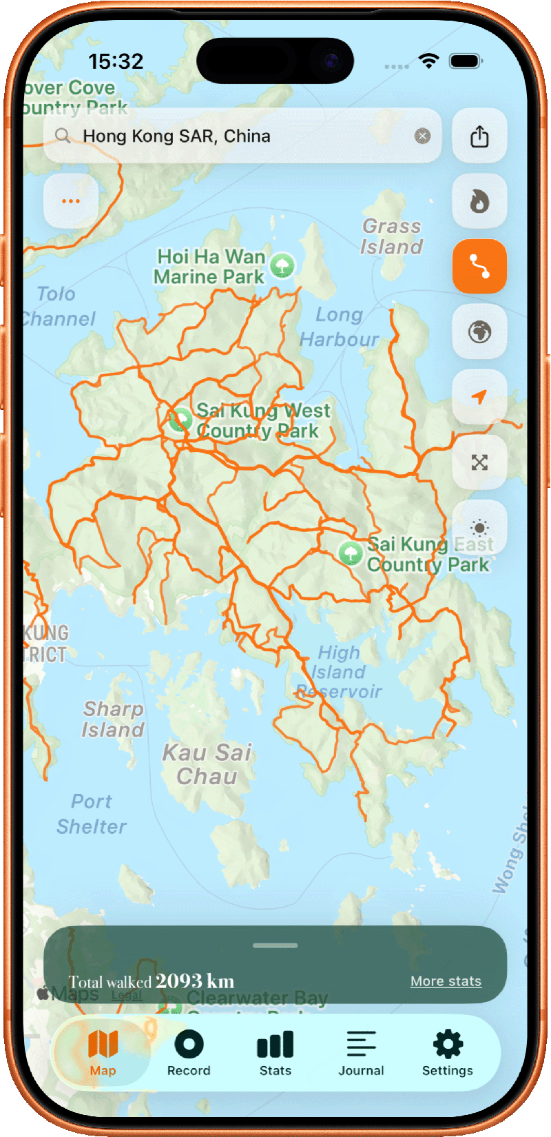 Ayumap heatmap view showing accumulated walk and hike routes