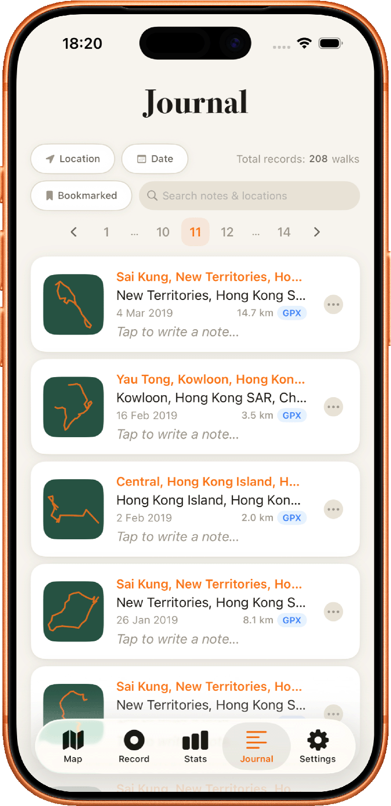 Ayumap journal view showing past walks and travel memories