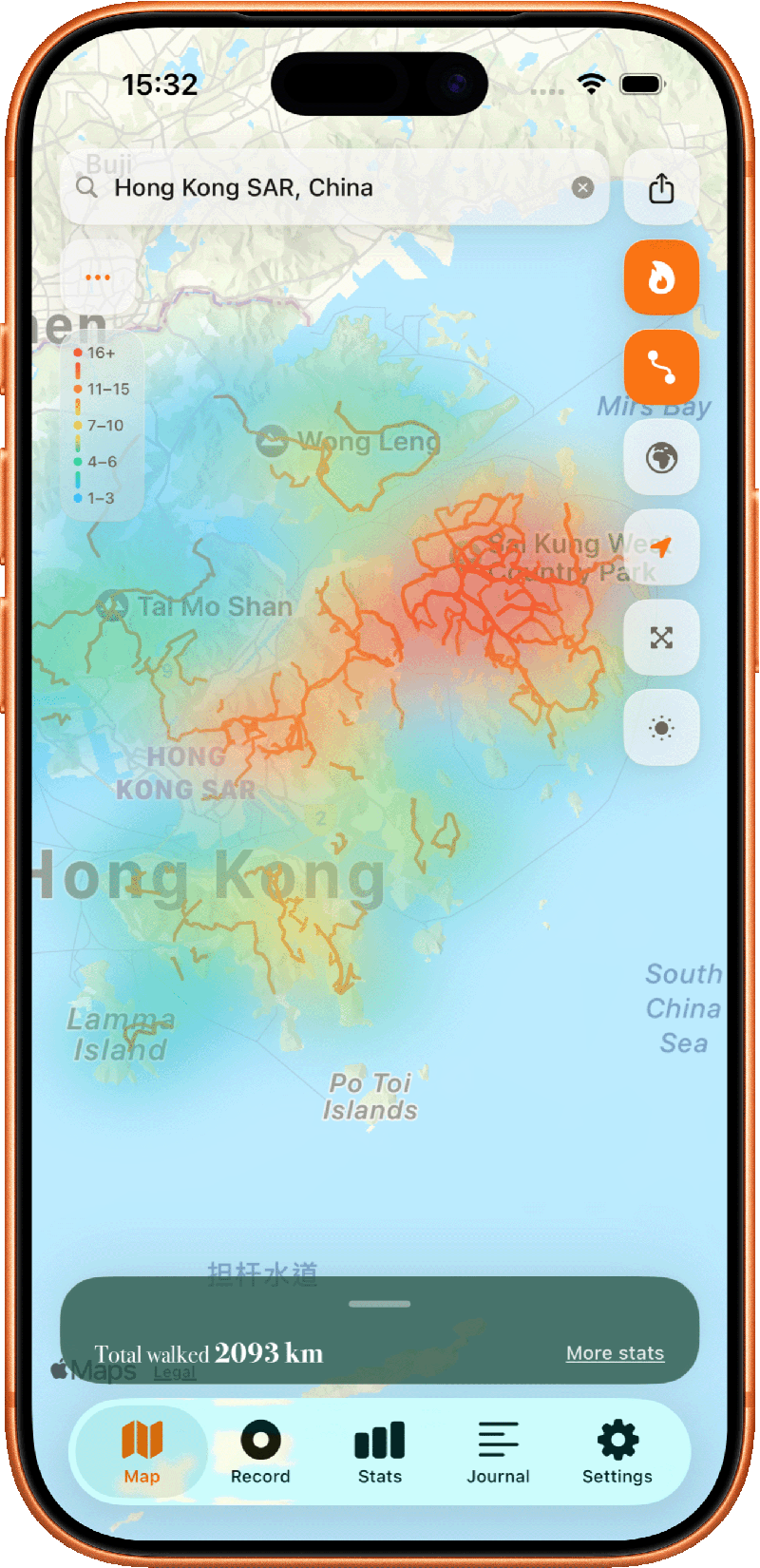 Ayumap map view showing travel history across cities